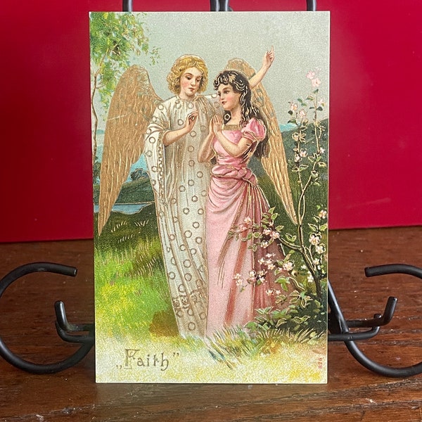 EA74G, Antique Easter Postcard, FAITH, Lovely Girl, Beautiful Angel, Gold Wings, Gold Gilt, The Gowen Sutton Co Ltd