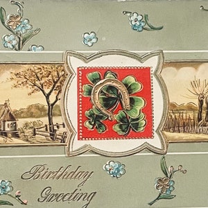 Antigo, revestido com gel, cartão postal de aniversário, saudação de aniversário, igreja country, ferradura, trevos, flores azuis, Otto Schloss, Alemanha, BD4