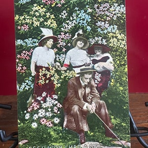 GT2G, Rare, Antique, Greetings Postkarte, Gee I Wish I Had a Girl, Lonely Gentleman, Three Lovely Ladies, Beautiful Flowers, Art Deco Style