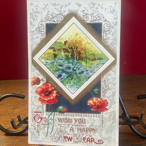 NY15G, Antiquität, Hohn-Winde, Neujahrspostkarte, um Ihnen ein glückliches neues Jahr zu wünschen, Blumenansicht, rote Blumen