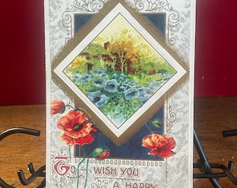 Antike Neujahrs-Postkarte: Blumenansicht, rote Blumen, NY15G