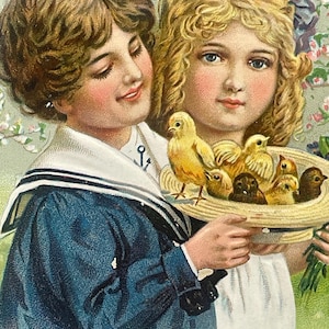 EA1G, Antico, Leggermente in rilievo, Raphael Tuck, Pasqua, Una Pasqua luminosa e felice, Due bambini carini, Cappello pieno di pulcini gialli, Sassonia