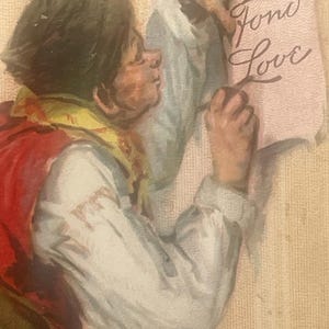 VA22G, postal antigua de San Valentín, para mi amor, caballero escribiendo una nota de amor, Raphael Tuck Sons, Berlín