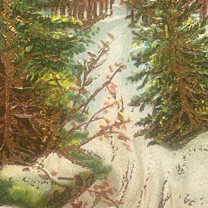 NY7G, antiquité, légèrement en relief, carte postale du Nouvel An, une bonne année, vue sur la campagne enneigée, cloches dorées, fleurs blanches, ASB, Allemagne