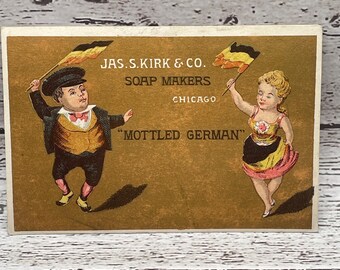 VTC03, Victorian 1800s Trade Card, Two Dancing, Jaś S Kirk Co, Soap Makers