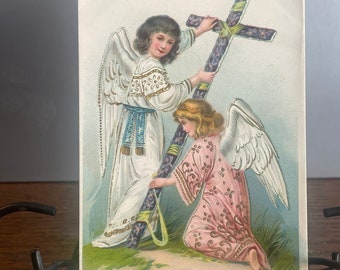 EA41G, Rare, Antique, Easter Postcard, Easter Greetings. Angels Raising Flowered Cross, Otto Schloss, Germany