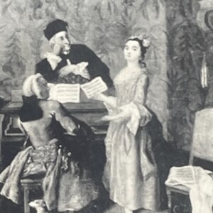 AG165G, Cartão postal vintage de belas artes, Pintura de belas artes, O noivado de um cantor, Artista Pietro Longhi, Coleção Wilstach