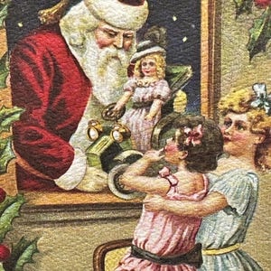 May include: Vintage Christmas card illustration featuring Santa Claus, a doll, and two young girls. Santa, in a red suit and hat, is looking at the girls. The girls are in pink and blue dresses. The background has a starry night sky.