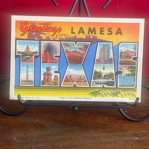 May include: Vintage postcard featuring a colorful collage of images depicting the state of Texas, with the word "TEXAS" spelled out in large letters. The postcard reads "Greetings from LAMESA, TEXAS" and "Land of the Modern Pioneer".