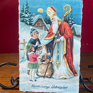 CH63G, seltene Antiquität, ungarisch, Weihnachtspostkarte, Weihnachtsmann, Saint Nic, Spielzeug, zwei Kinder