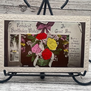 BD59G, Antique 1900s Birthday Greetings Photo Postcard, Basketful of Beautiful Roses, Birthday Verse, Embossed Boarder, Antique Ephemera