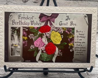 Postal antigua de rosas de cumpleaños de la década de 1900: efímera en relieve, BD58G