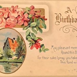 Antigüedad, Ligeramente en relieve, Postal de cumpleaños, Un deseo de cumpleaños, Granja campesca, Flores rosas
