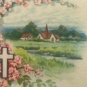 EA4G, Antiquités, Carte postale, Joyeuses Pâques, Petite croix, Fleurs roses, Église de campagne, États-Unis