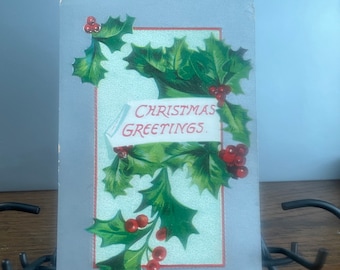 Antique Embossed Christmas Postcard: Holly Berry Greetings, Germany, CH207G