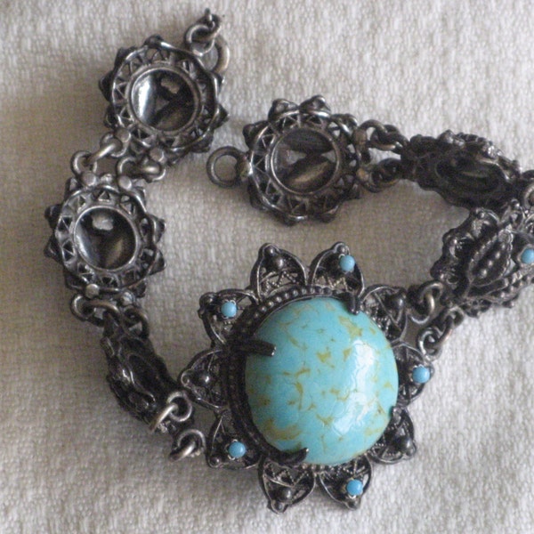 Vintage Victorian Revival Seven Link Bracelet Blue Cabochon Unsigned