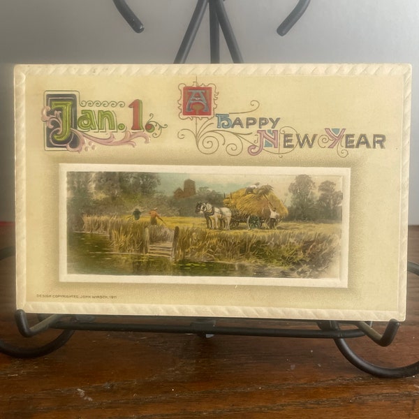 NY14, Antique, John Winsch, Lightly Embossed, New Years Postcard, Jan 1, A Happy New Year, Farming Hay, Germany