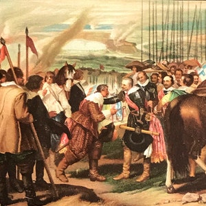 May include: A painting depicting a historical scene with a group of men in 17th-century clothing. The men are gathered around a central figure, possibly a general or leader, who is shaking hands with another man. The scene is set outdoors, with a landscape in the background and a horse in the foreground. The painting is done in a realistic style, with rich colors and detailed brushstrokes.