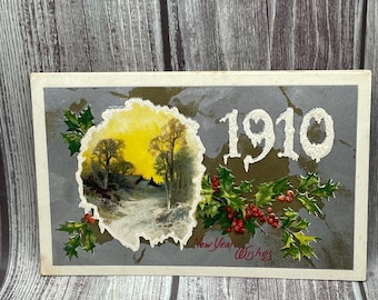 vintage, 1910, carte postale du Nouvel An, vue sur une ferme à la campagne, Holly, NY22G