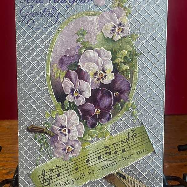 NY7G, Antique, Embossed, New Years Postcard, Fond New Year Greeting, Lovely Flowers, Musical Notes, International Art Publishing Co, Germany