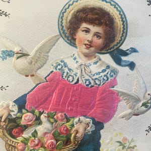 BD56G, seltene antike, geprägte, Geburtstagspostkarte, Geburtstagsgrüße, süßes kleines Mädchen, Korbblumen, fliegende weiße Tauben, Deutschland