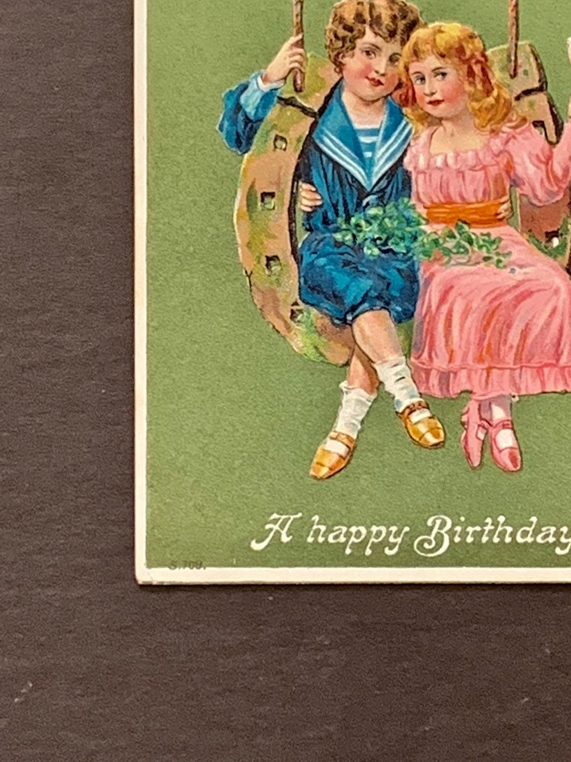 黄昏の美男 美女 ANTIQUE POSTCARD COLLECTION Antique Embossed Birthday Postcard: Boy, Girl on Horseshoe Swing