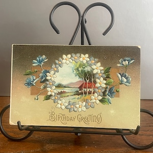 BD41G, Antigo, Cartão Postal de Aniversário, Saudações de Aniversário, Fazenda Rural, Coroa de Flores, Flores Azuis