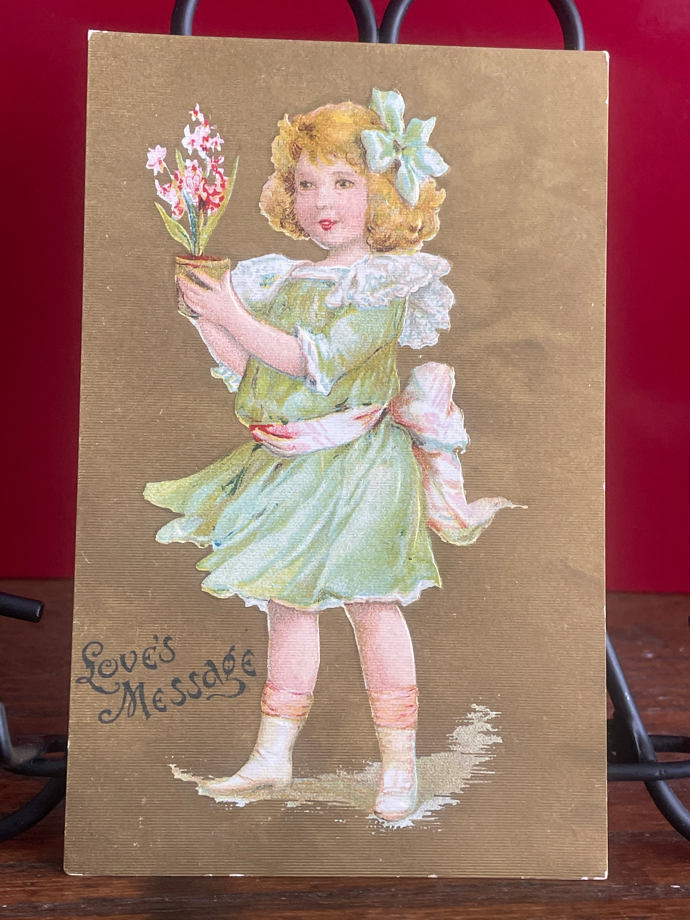 Antique Embossed Postcard: 1900s Girl With Flowers, Love's Message