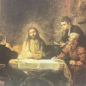 AG140G, postal antigua de bellas artes, pintura de bellas artes, Los peregrinos de Emaús, del artista Rembrandt, impresa en París