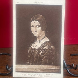 AG117G, cartão postal antigo de belas artes, pintura de belas artes, La Belle Ferronniere, artista Leonardo da Vinci, Museu do Louvre