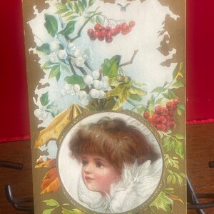 NY7G, Antico, Leggermente in rilievo, Cartolina di Capodanno, Felice anno nuovo, Bambina carina, Bacche rosse e bianche, Foglie verdi