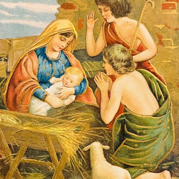 Antique, Gold Gilt, New Years Postcard, A Joyous New Year, Baby Jesus, Mary, Two Shepherds, NY8