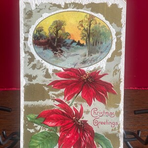 CH12G, carte postale de Noël ancienne, légèrement en relief, voeux de Noël, propriété enneigée, beaux poinsettias rouges