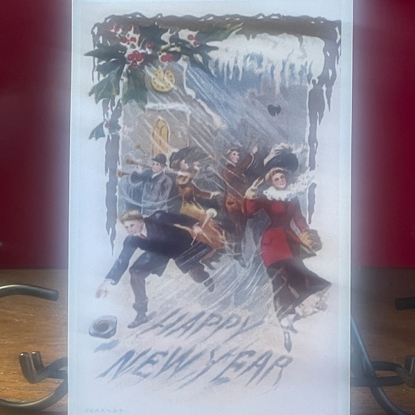 NY1G, Antique, New Years Postcard, Happy New Year, Happy Village People, Red And Green Holly