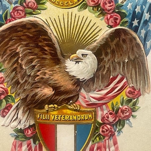 PA2G, Postal patriótica vintage, ligeramente repujada, Hijos de veteranos, Verso patriótico, 1861-1865, Águila americana, Banderas estadounidenses, Rosas rojas