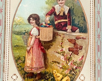 EA20, Rare Antique, Gold Gilt, Easter Postcard, Easter Greeting, Cute Boy and Girl, Collecting Easter Eggs, Allemagne