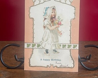 Antique Birthday Postcard: Girl with Flowers, 1907, BD13G