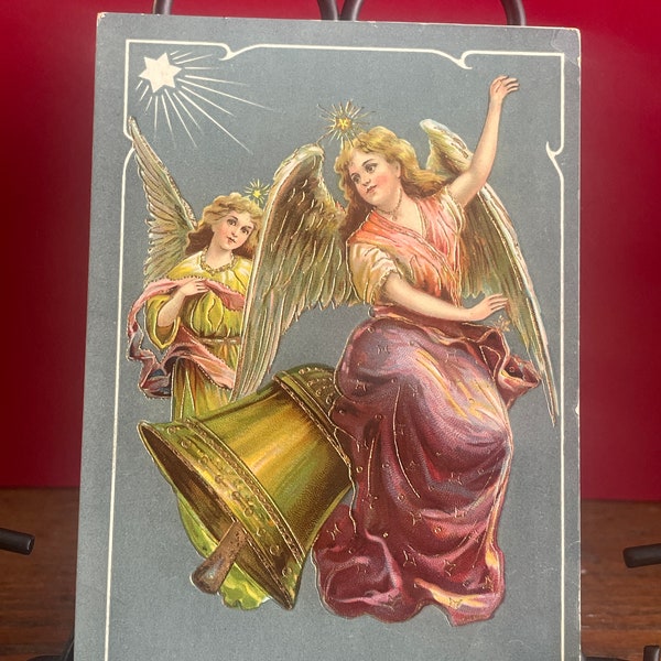 CH65, Rare Antique Lightly Embossed Christmas Postcard, Christmas Wishes, Two Heavenly Angels, Green Christmas Bell, Glowing Star