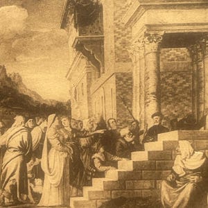 AG162G, antieke ansichtkaart voor schone kunsten, beeldende kunst, schilderij, presentatie bij de tempel, kunstenaar, Tiziano Vecellio