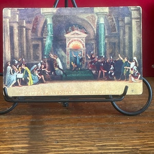 AG70G, carte postale antique des beaux-arts, peinture d'art, Sampson abat le temple philistin, artiste non signé, dos divisé au début