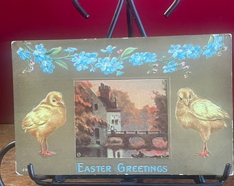 Vintage Easter Postcard: Homestead, Chicks, Blue Flowers (1907-1914) EA59G