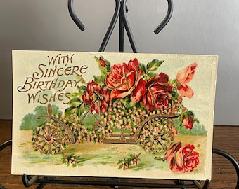Antique Birthday Postcard: Red Roses, Auto, Germany (1907-1915) BD38G