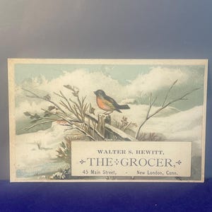 Cartão de comércio vitoriano de 1800, THE GROCER, Walter S Hewitt, New London, Connecticut