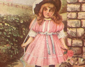 Vintage Kunstpostkarte: Mädchen mit Rose, "Watching For Papa" (1901-1907) AG117G