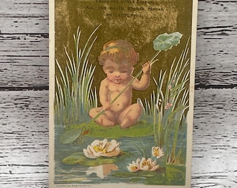 VTC010, Victorian Trade Card 1800s, Little Boy Playing With Lilly Pads On Pond, Ripka And Co, Artists Material