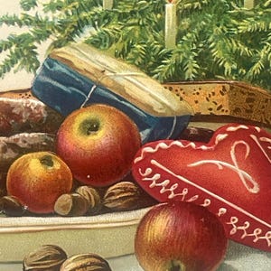 CH20G, Antiquität, Geprägte Weihnachtspostkarte, Frohe Weihnachten, Schüssel Gemischte Nüsse, Äpfel, Brot, Weihnachtsbaum, Deutschland