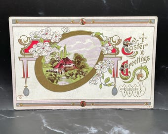 Vintage, Easter Greetings Postcard: countryside cottage framed by blossoms, EA1G