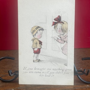 OH13G, Vintage, Old Humor Post Card, Cute Little Boy And Girl At Doorway, Schlesinger Brothers, New York