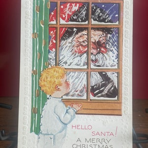 CH96, Rare Antique, leicht, geprägt, Weihnachtspostkarte, Hello Santa, A Merry Christmas, Little Boy, Santa In Window, USA