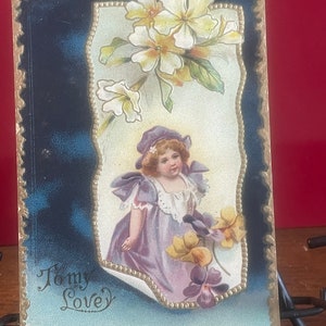 GT55G, antiek, wenskaart, aan mijn liefde, schattig klein meisje, prachtige bloemen, goud verguld